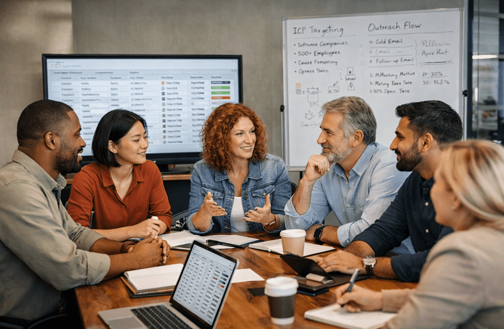 B2B team reviewing lead data and outreach strategy in boardroom
