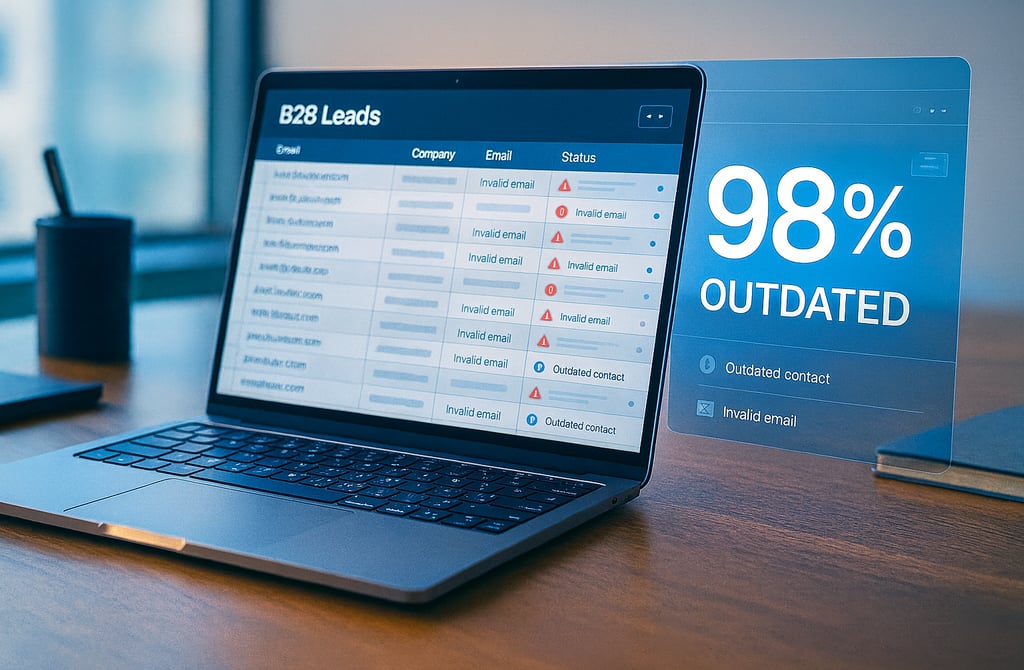 Laptop showing outdated B2B leads with a 98% outdated warning overlay