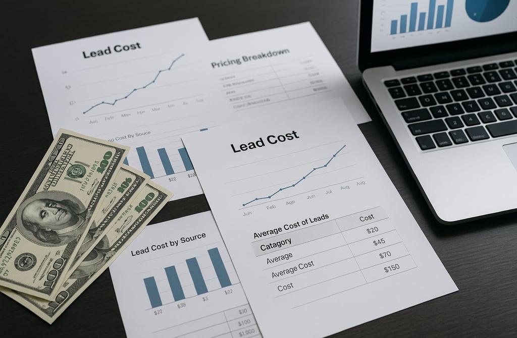 B2B lead cost papers with dollar bills on a desk