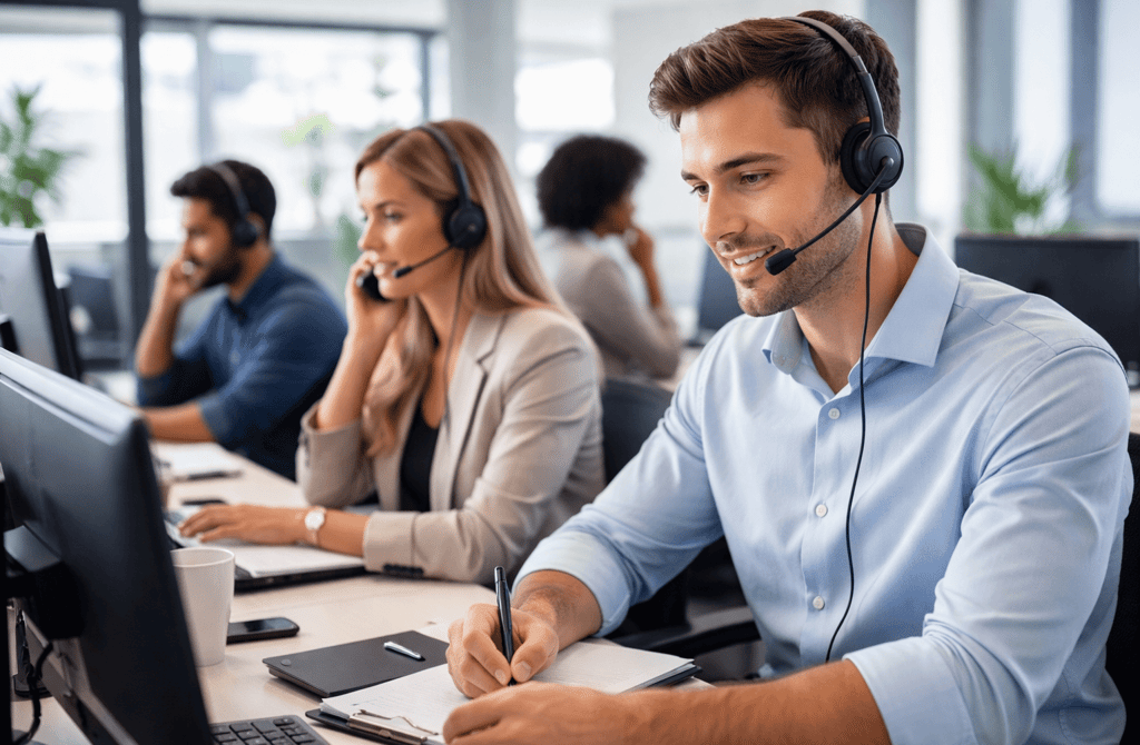 B2B sales team making outbound phone calls in a modern office environment