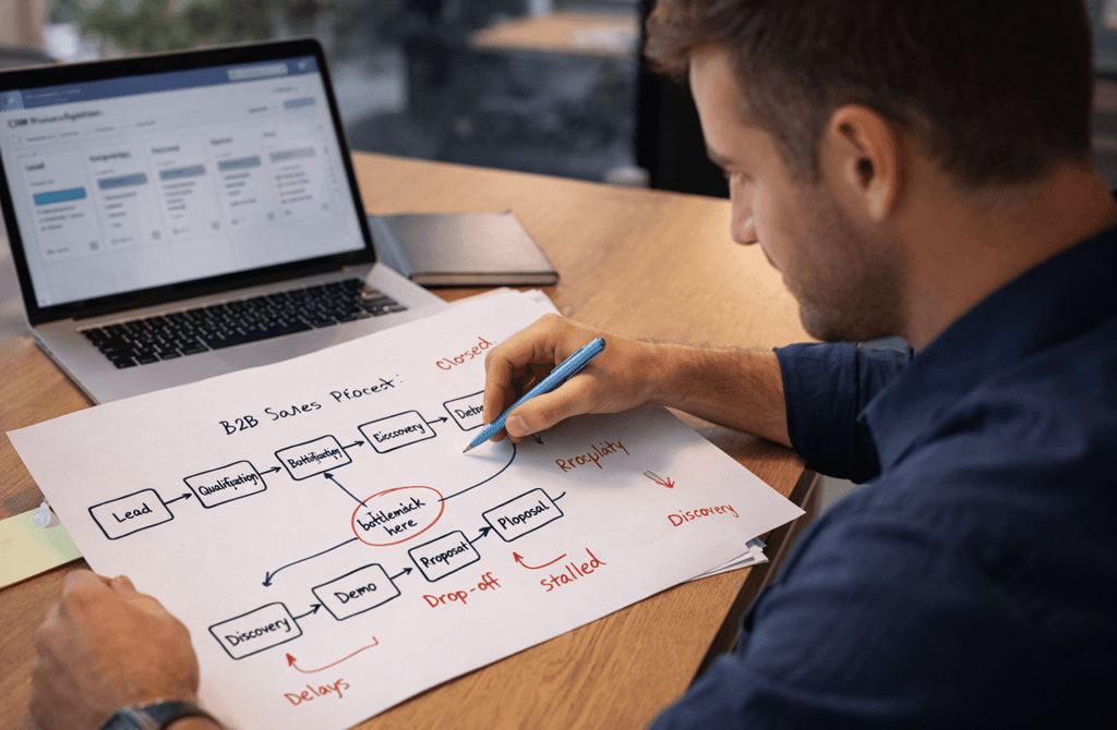 Founder reviewing B2B sales flowchart with bottlenecks