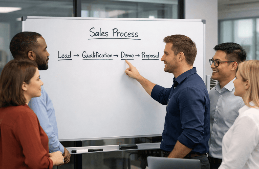 B2B sales process steps on whiteboard in office