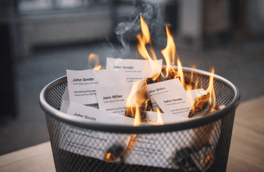 Business cards burning in a bin symbolizing unusable or outdated contact data
