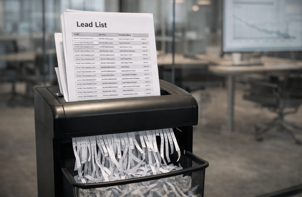 Printed lead list being shredded in office paper shredder