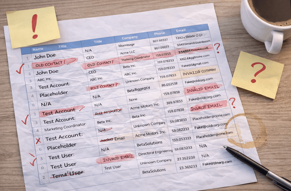 B2B lead list marked with data errors