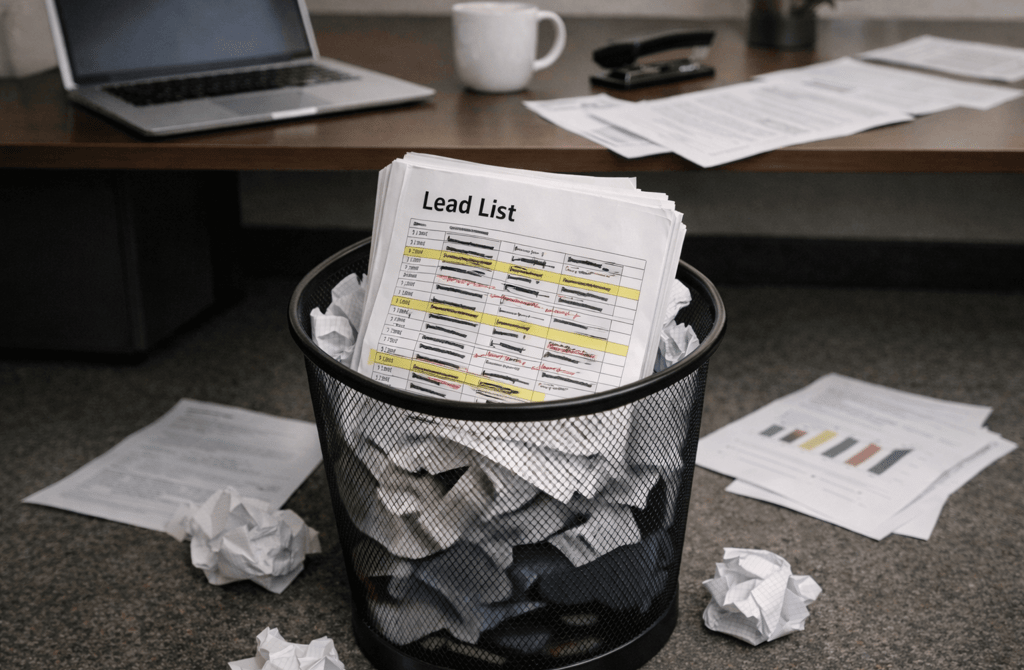 Printed lead list thrown in an office trash bin showing operational waste caused by bad data