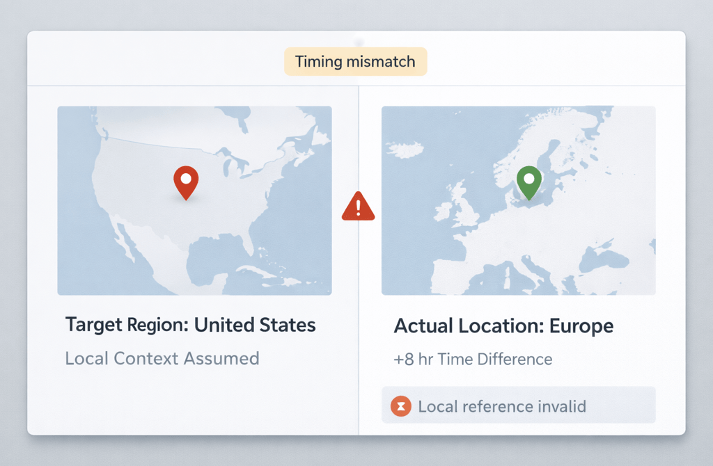Split-screen map showing assumed vs actual location causing personalization failure