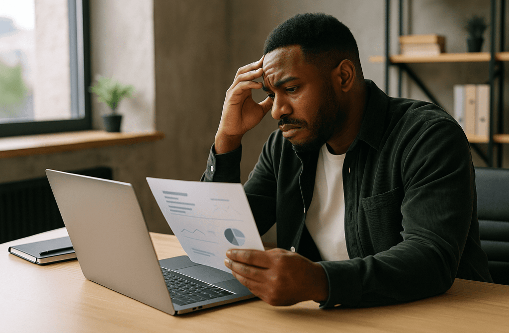 Frustrated founder reviewing inaccurate email results on laptop.