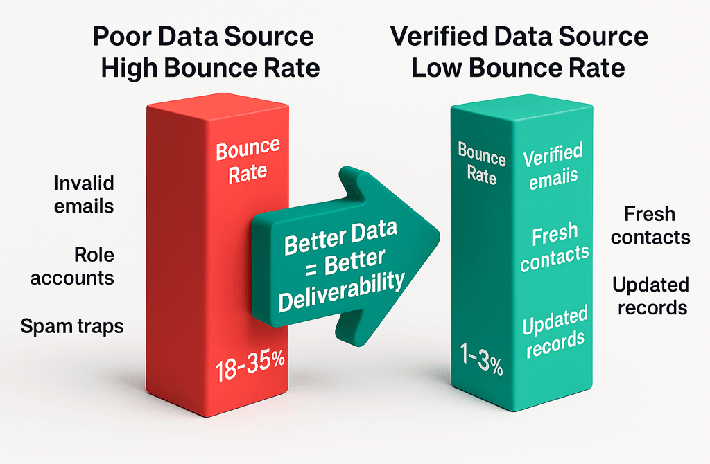 3D infographic comparing high bounce rates from poor data with low bounce rates from verified data