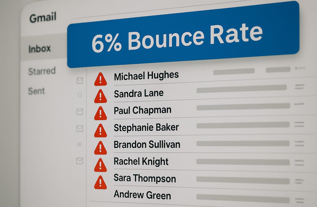 Email inbox showing bounce alerts and a 6% bounce rate