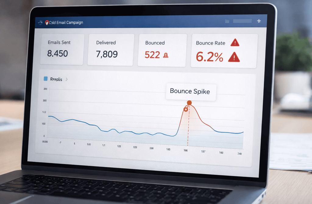 Cold email campaign dashboard showing a high bounce rate spike