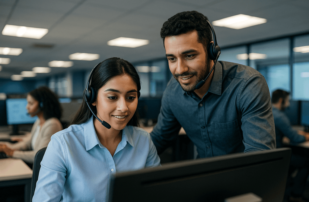 BPO agents collaborating with headsets in a modern call center