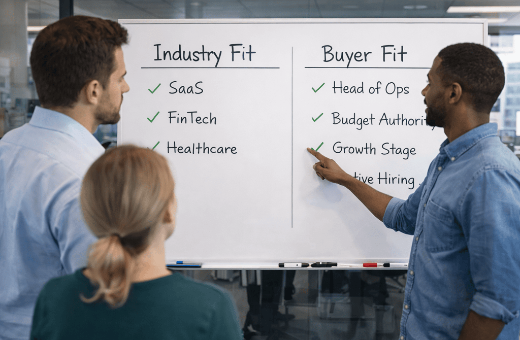 SDR team discussing buyer fit versus industry fit strategy on whiteboard