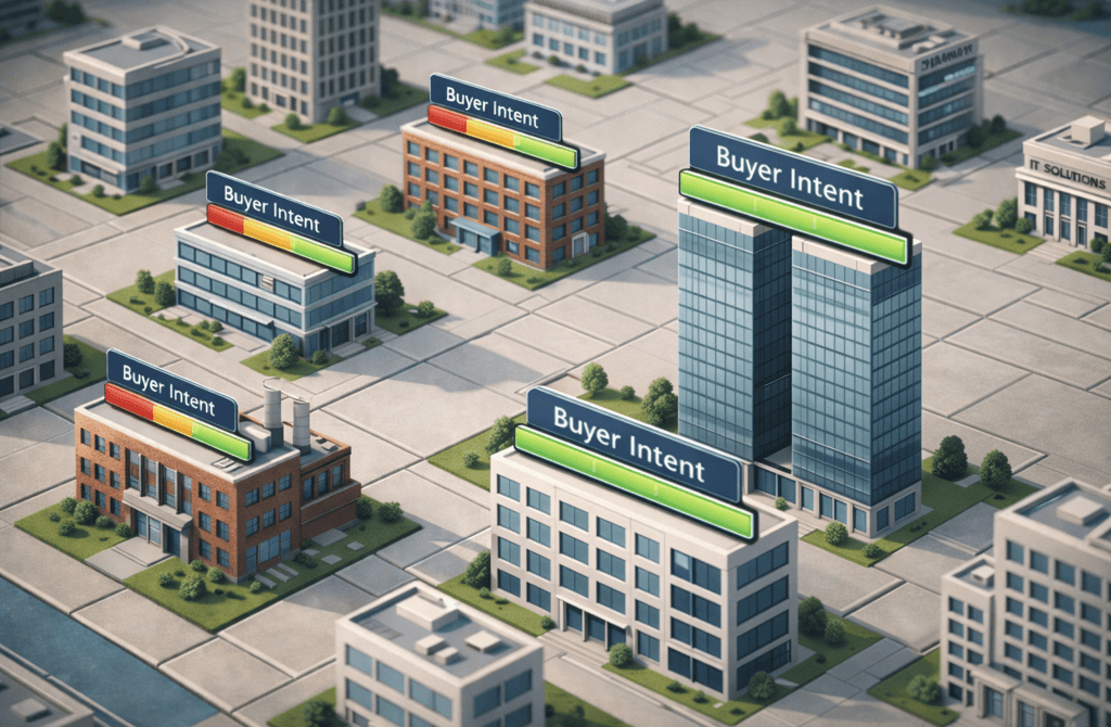 3D companies with buyer intent bars, one twin-tower high-intent account