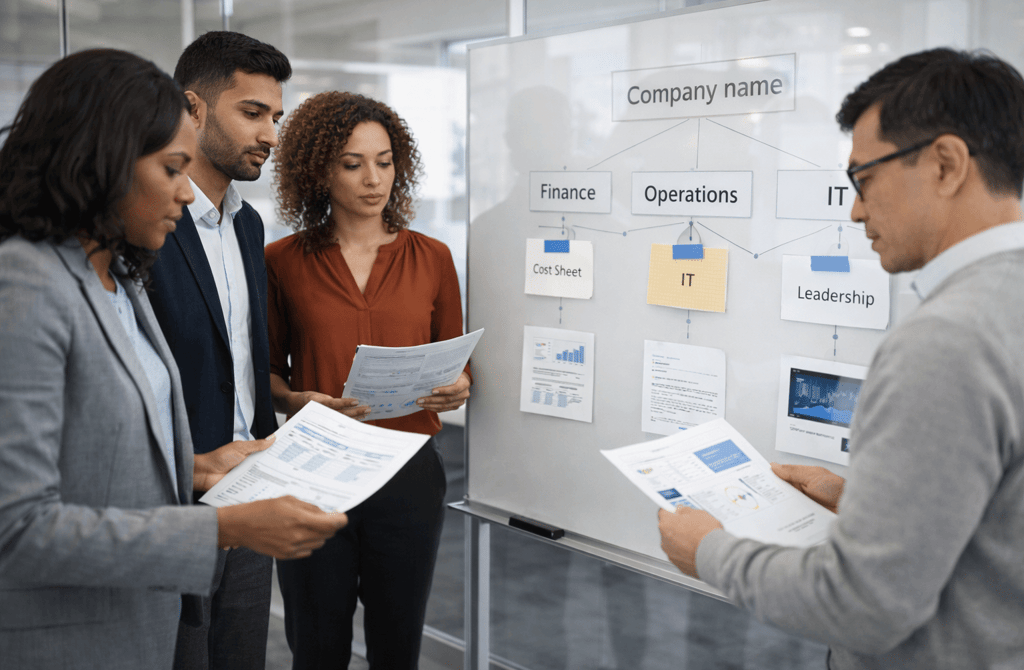 B2B buying committee reviewing role-based decision signals together