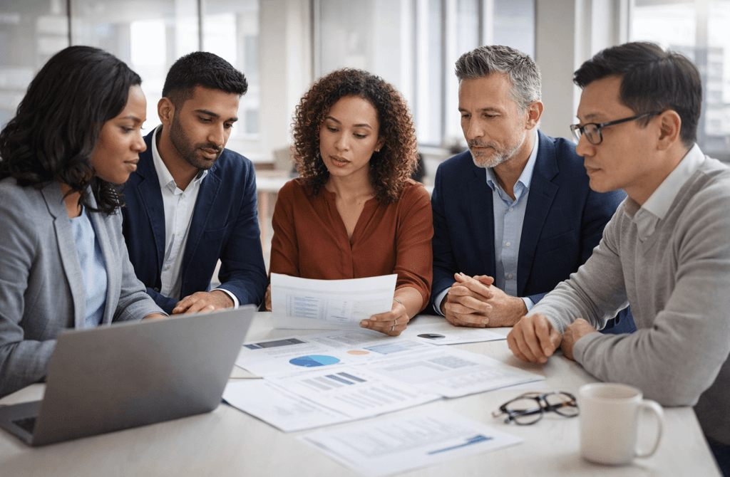 Diverse B2B buying committee reviewing documents together in a meeting
