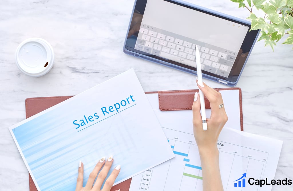 Hands reviewing a sales report at a clean office desk
