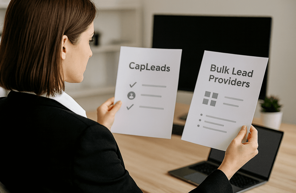 Woman comparing CapLeads and bulk data providers while holding two comparison sheets.