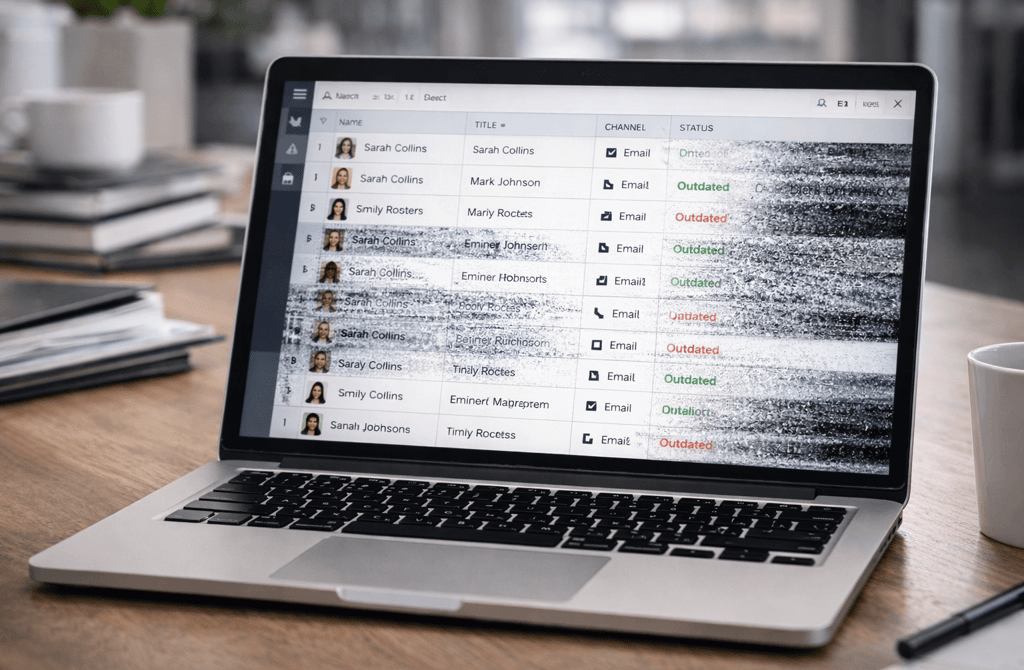 Lead list on laptop showing channel-specific data decay with static distortion
