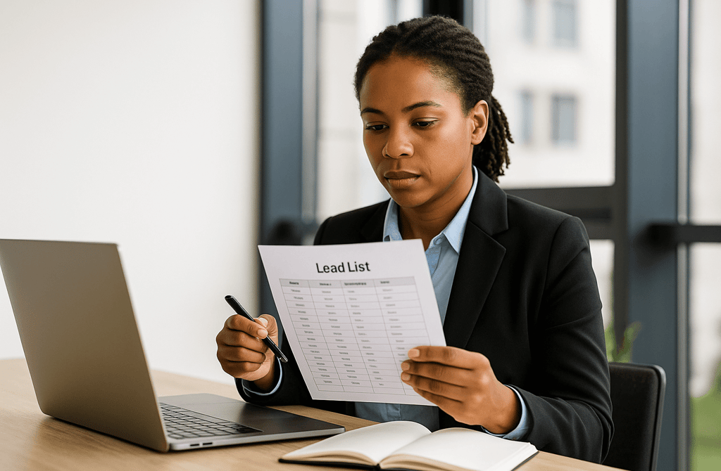 Woman reviewing a clean lead list at her laptop