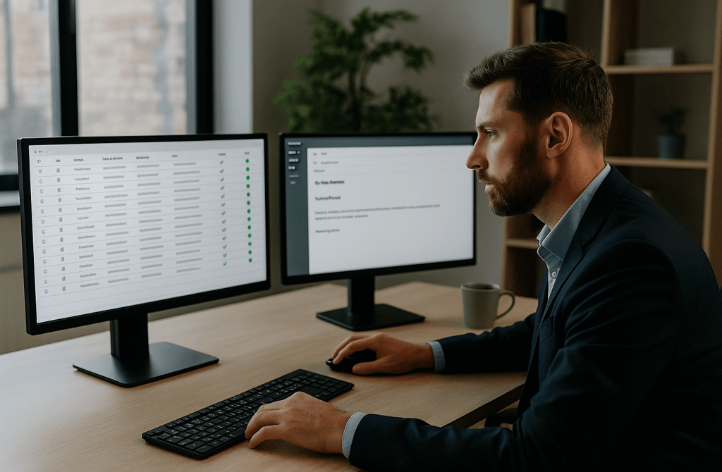 Founder comparing clean contact list and personalization screen in a modern workspace.