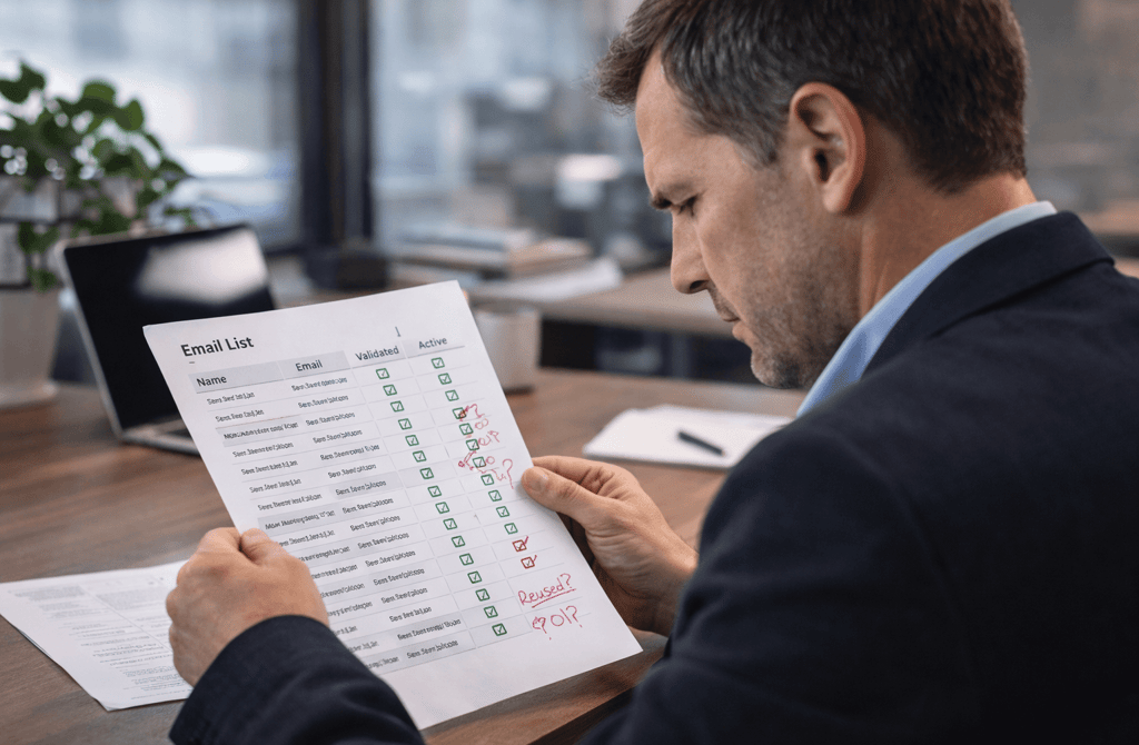 Founder reviewing a clean-looking email list for hidden risks