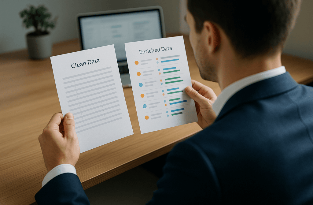 Founder comparing clean data sheet vs enriched conversion-ready data.