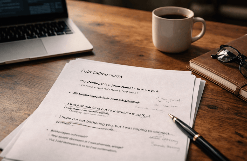 printed cold calling script on a founder desk with notes and edits