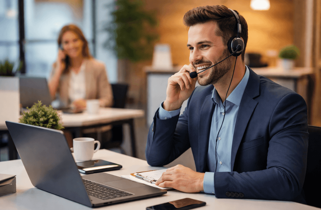 B2B sales rep on a cold call using headset and laptop