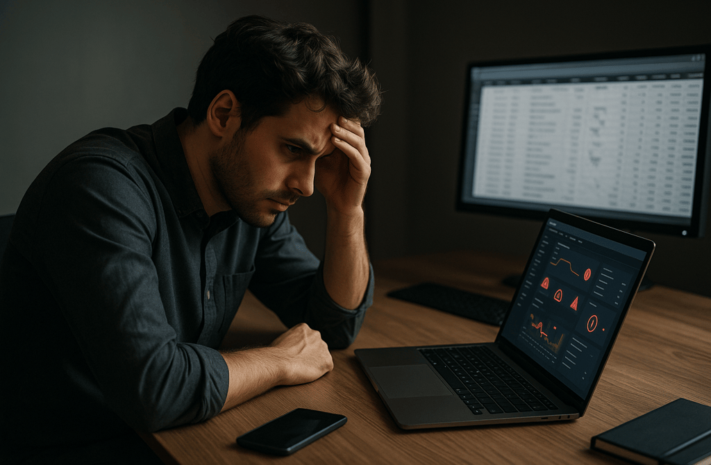 Founder stressed while looking at cold email errors and messy data on screens