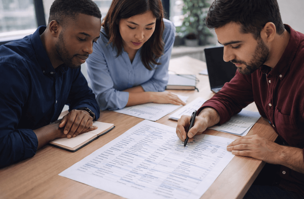 SDR team reviewing printed lead data with one member marking contacts with a pen