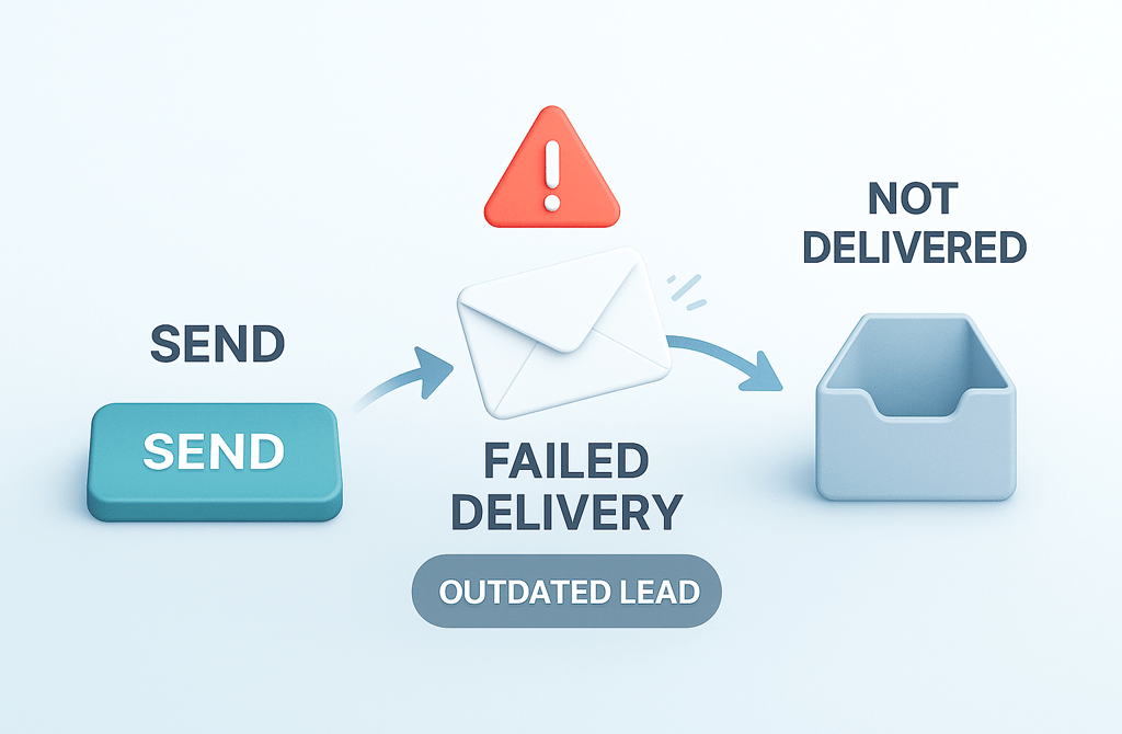Infographic showing a cold email failing to deliver due to outdated lead.