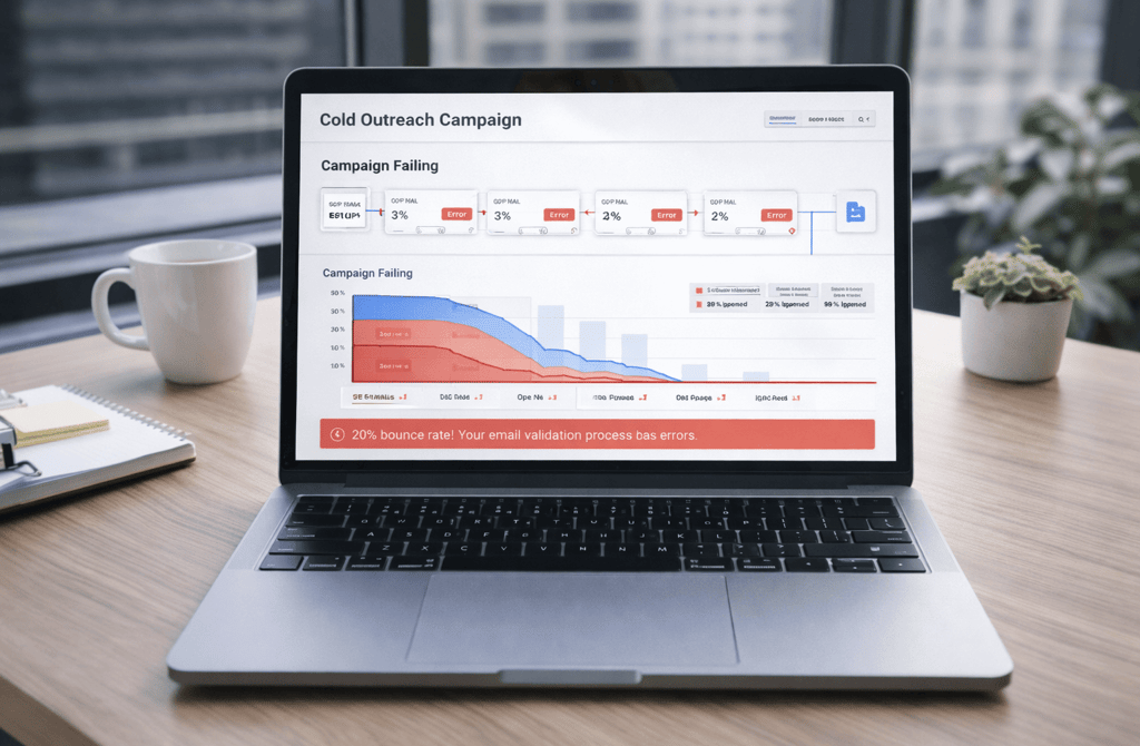 Cold email analytics dashboard on a laptop showing a campaign failing due to poor data quality