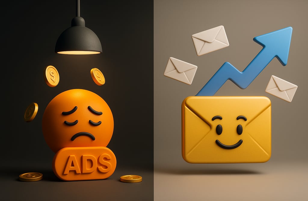 3D illustration of sad ads emoji and smiling email icon with rising arrow.
