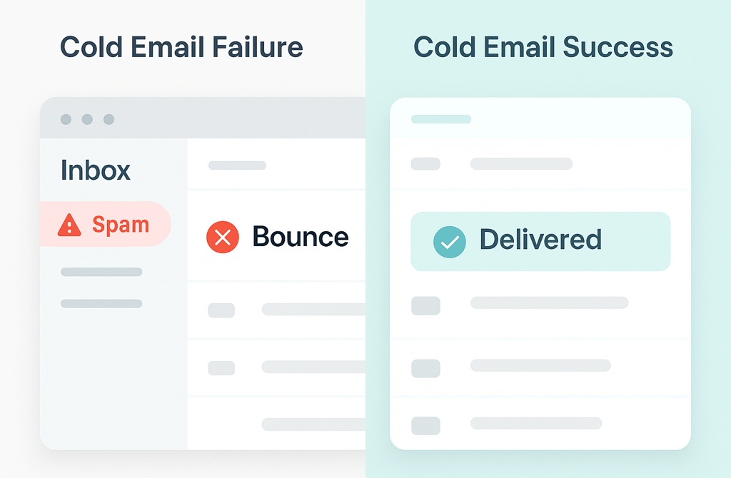 Split-screen inbox showing bounced email vs delivered email.