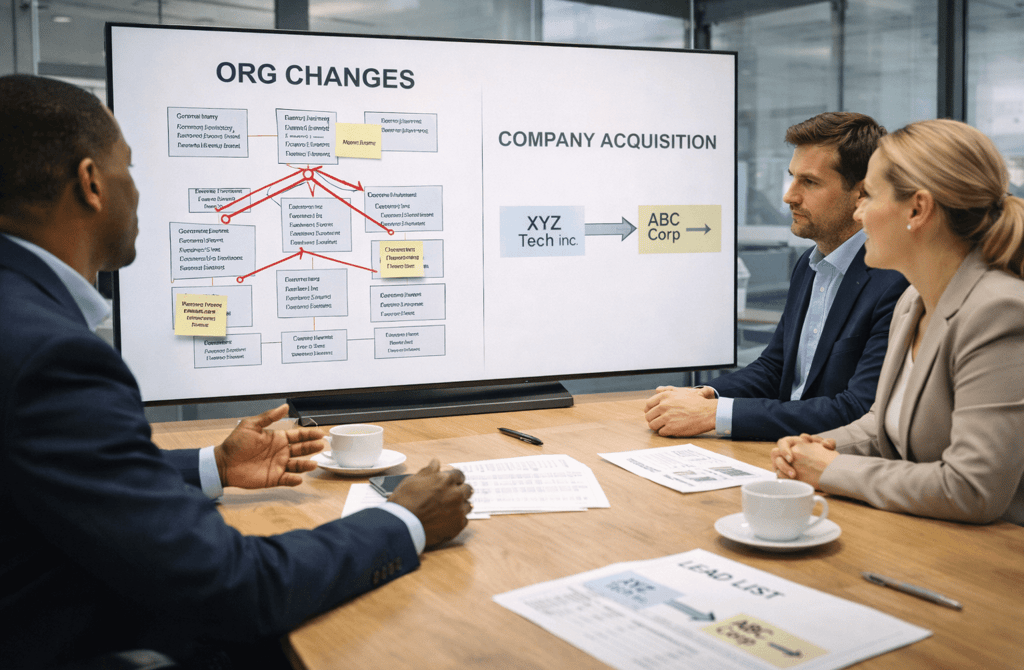 Execs reviewing company acquisition and org changes