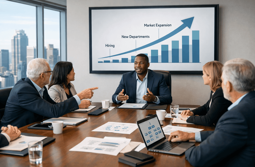 Founder leading board meeting on company expansion strategy