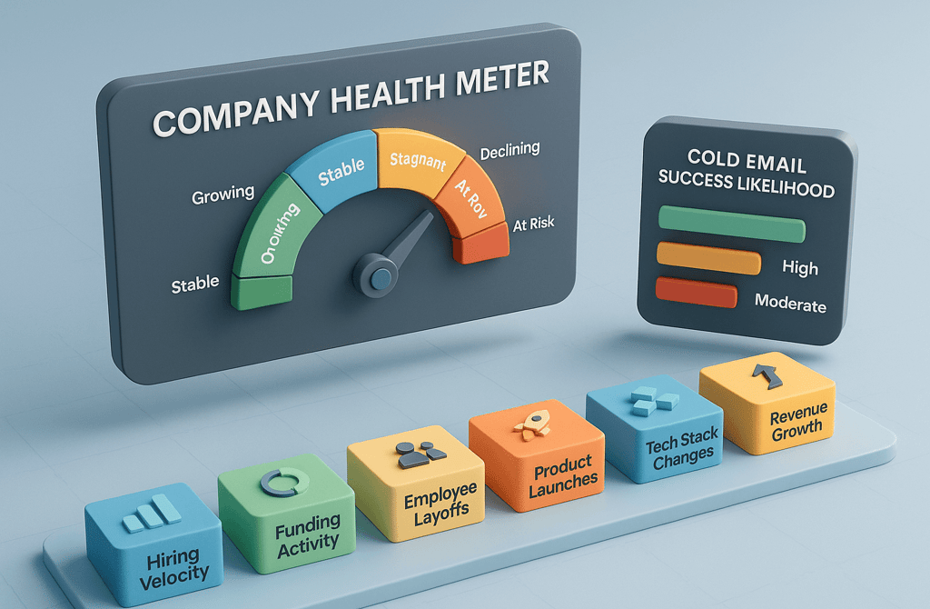 3D company health meter with key signals icons.