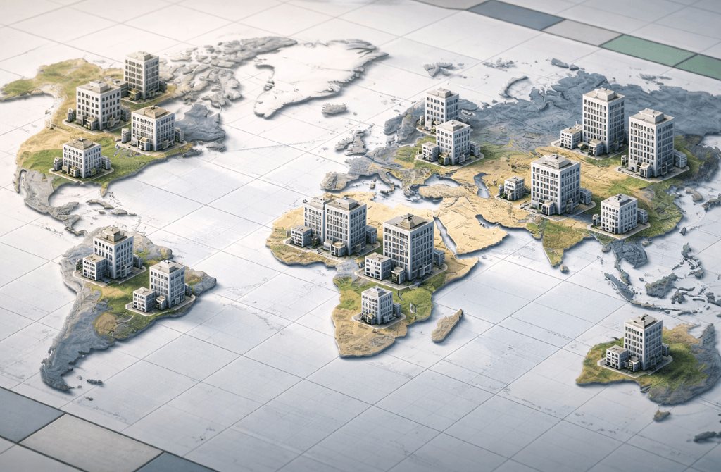 3D world map showing company locations across regions