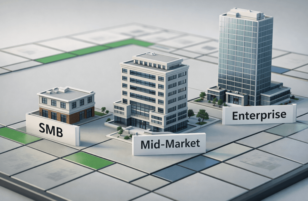 3D board showing SMB, mid-market, and enterprise buildings by size