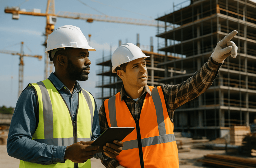 Construction engineers reviewing site progress outdoors