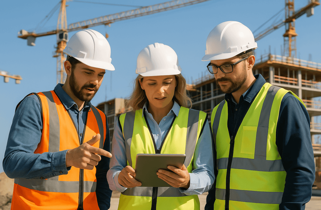 Construction workers reviewing a tablet on an active job site.