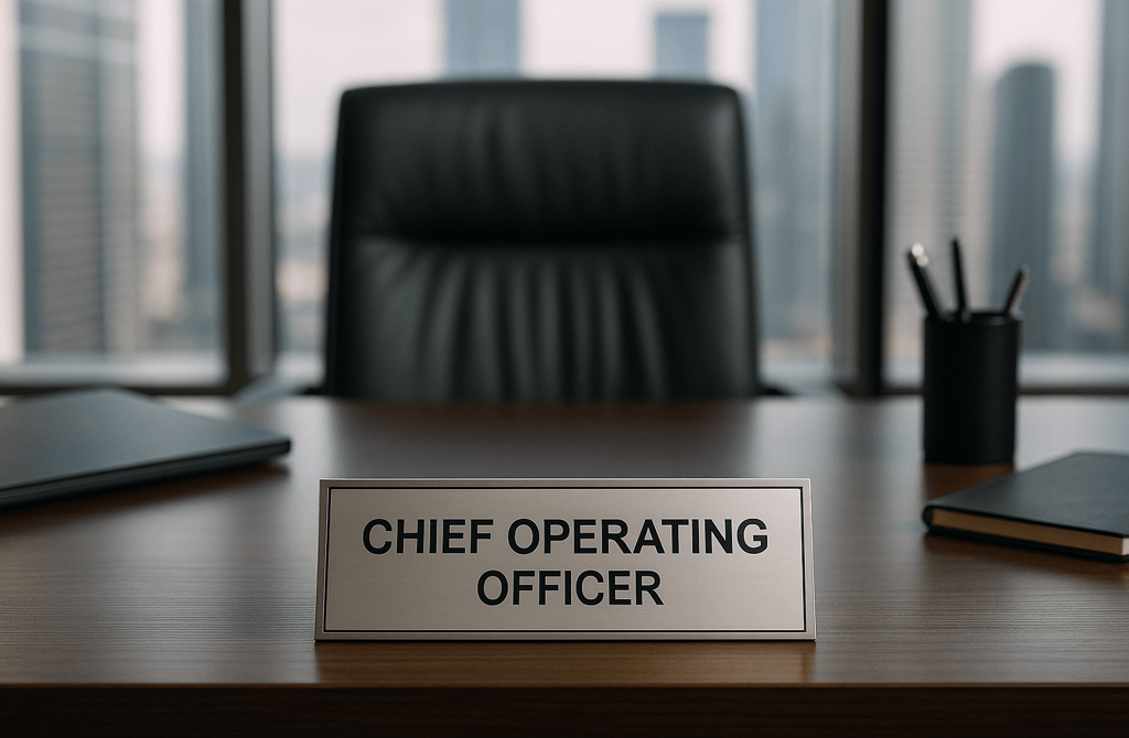 Empty COO desk with nameplate in a modern office.