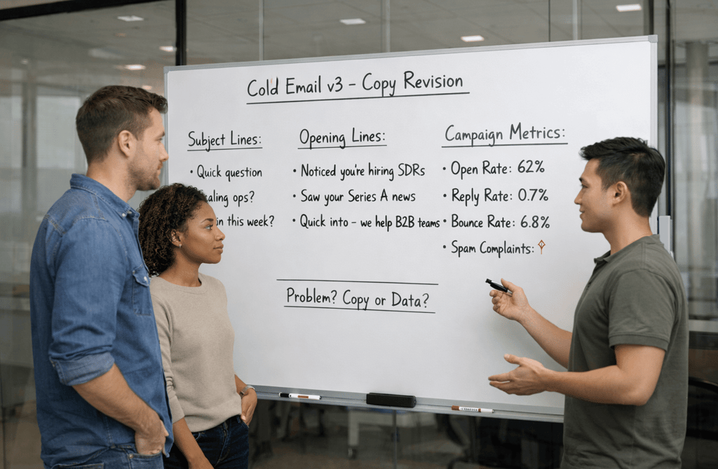 SDR team calmly reviewing cold email copy and campaign metrics on whiteboard