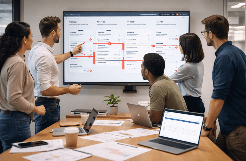 Outbound team reviewing corrupted CRM pipeline stages