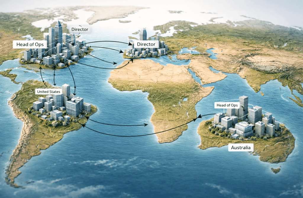 3D world map showing role movement across US, UK, and Australia