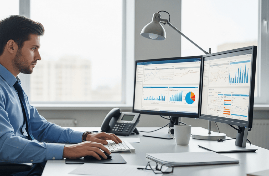 man analyzing marketing metrics on dual monitors in a modern office