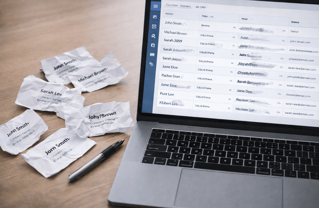 Crumpled business cards beside a drifting CRM contact list