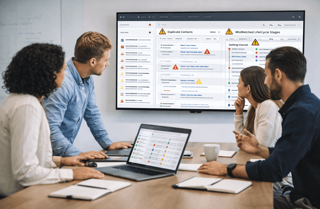 SDR team reviewing CRM errors in a meeting room