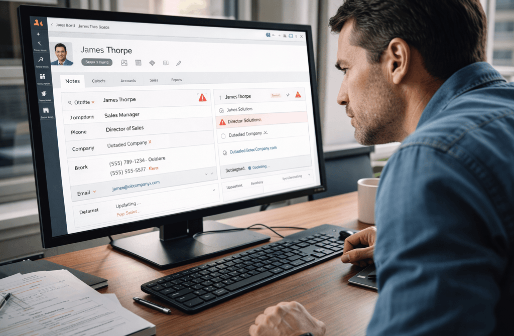 Founder reviewing CRM contact profile with conflicting job titles and company data.